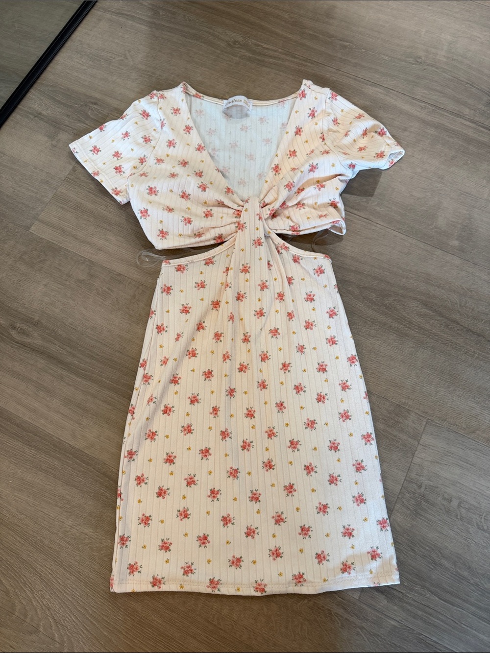 Cream Floral Tie-Front Mini Dress with Pink Accents